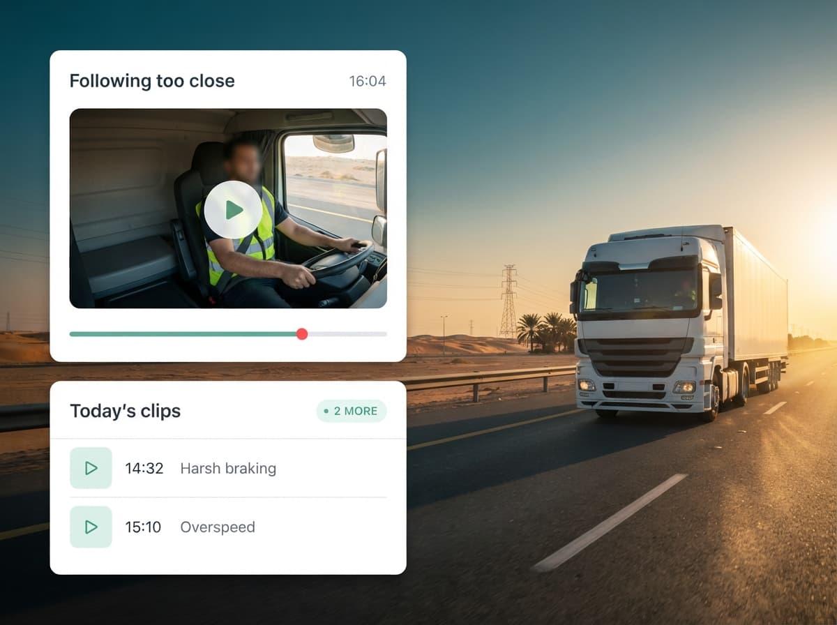 Truck on a highway at dusk with live camera panels overlaid