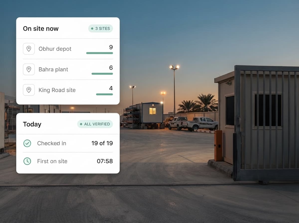 Site compound gate at dawn with attendance panels overlaid