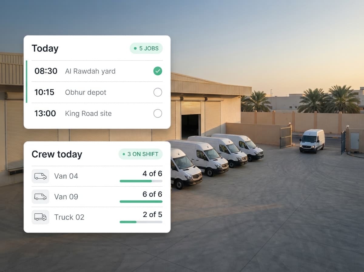 Delivery vans leaving a depot at sunrise with the driver app open on a phone