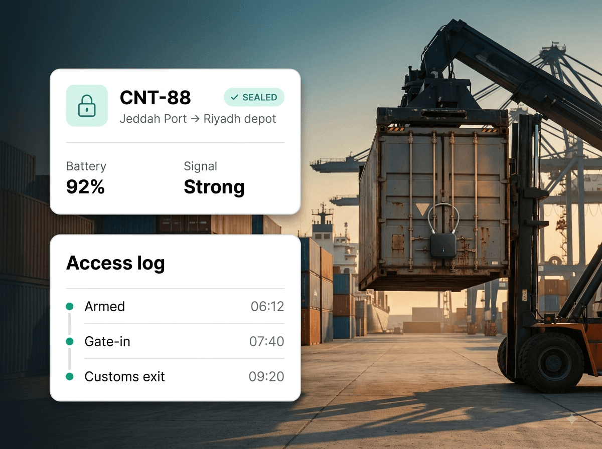 Container lifted at a port with its e-lock status and access log overlaid