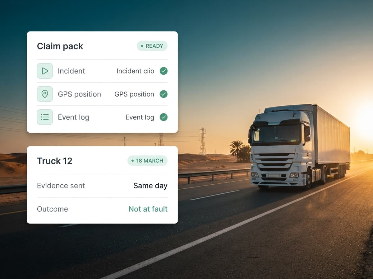 Truck on a highway at dusk with incident evidence panels overlaid