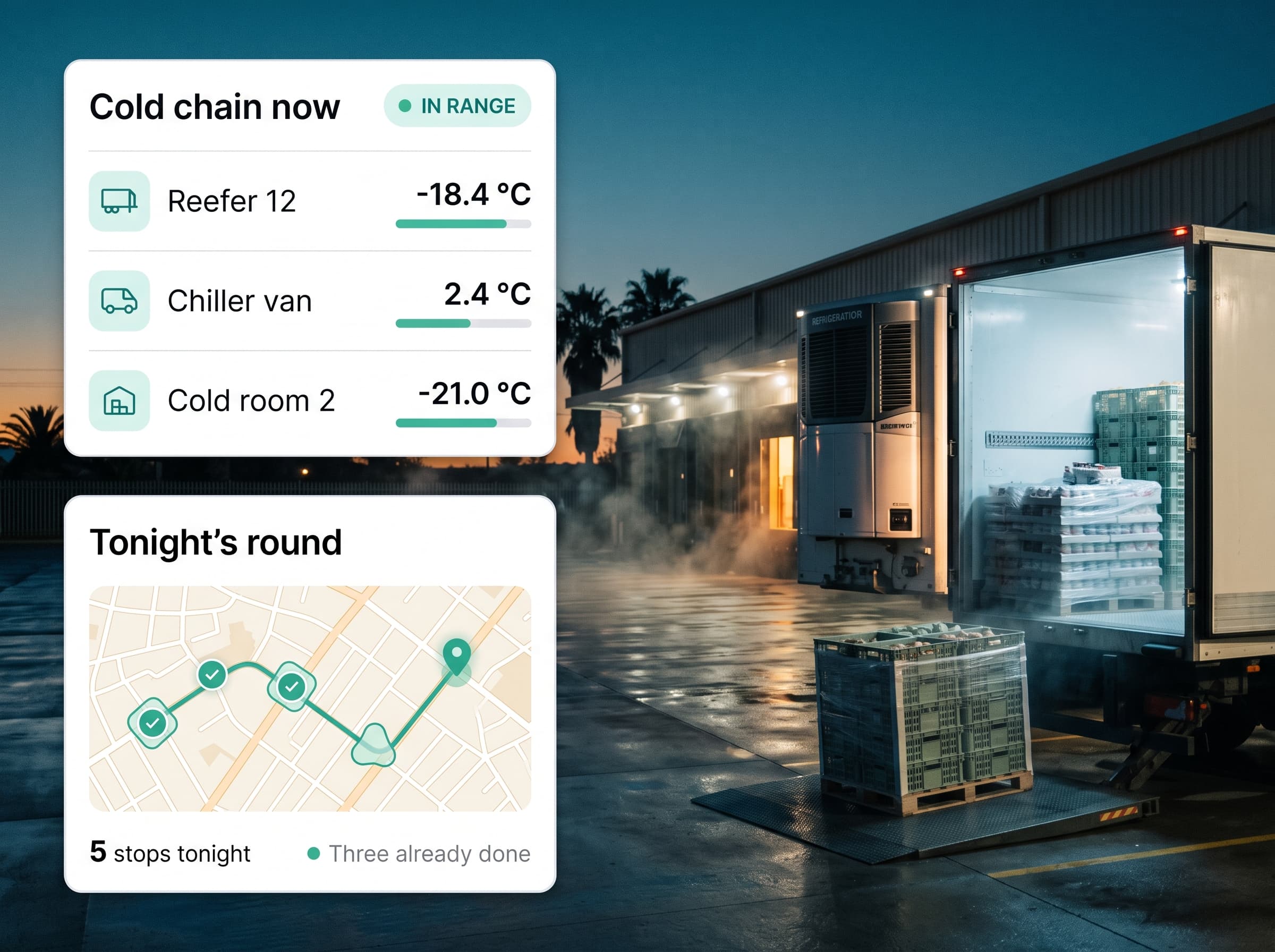 Reefer trailers at chilled loading bays at golden hour with temperature and route panels overlaid