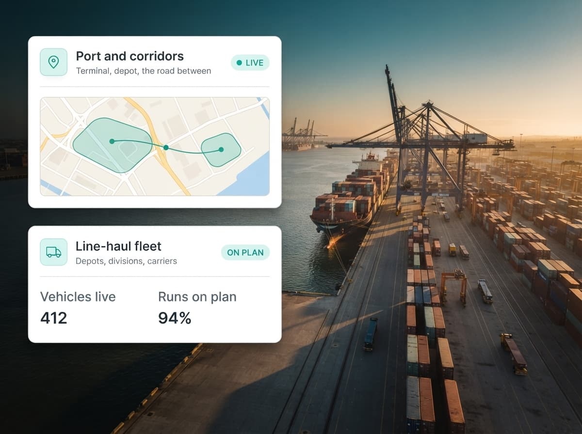 Articulated truck leaving a container port at golden hour with fleet and trip panels overlaid