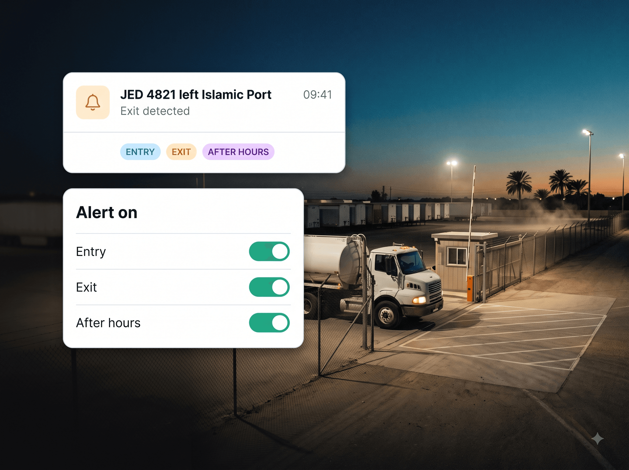 Depot yard at dusk with a geofence alert and zone rules overlaid
