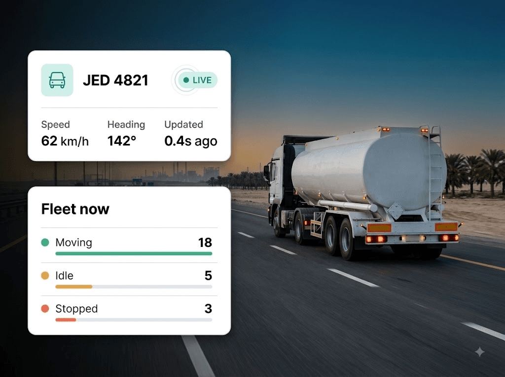 Tanker on a highway at dusk with live tracking panels overlaid