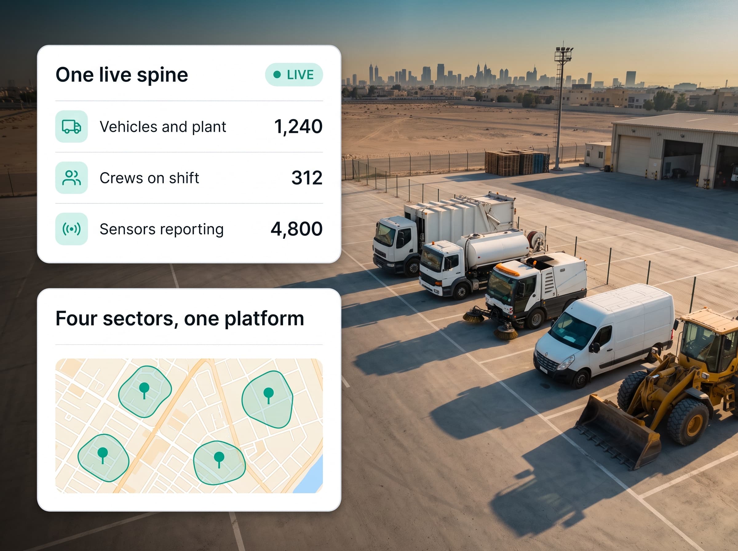 Plant, freight and service vehicles sharing an industrial estate at golden hour with fleet and coverage panels overlaid