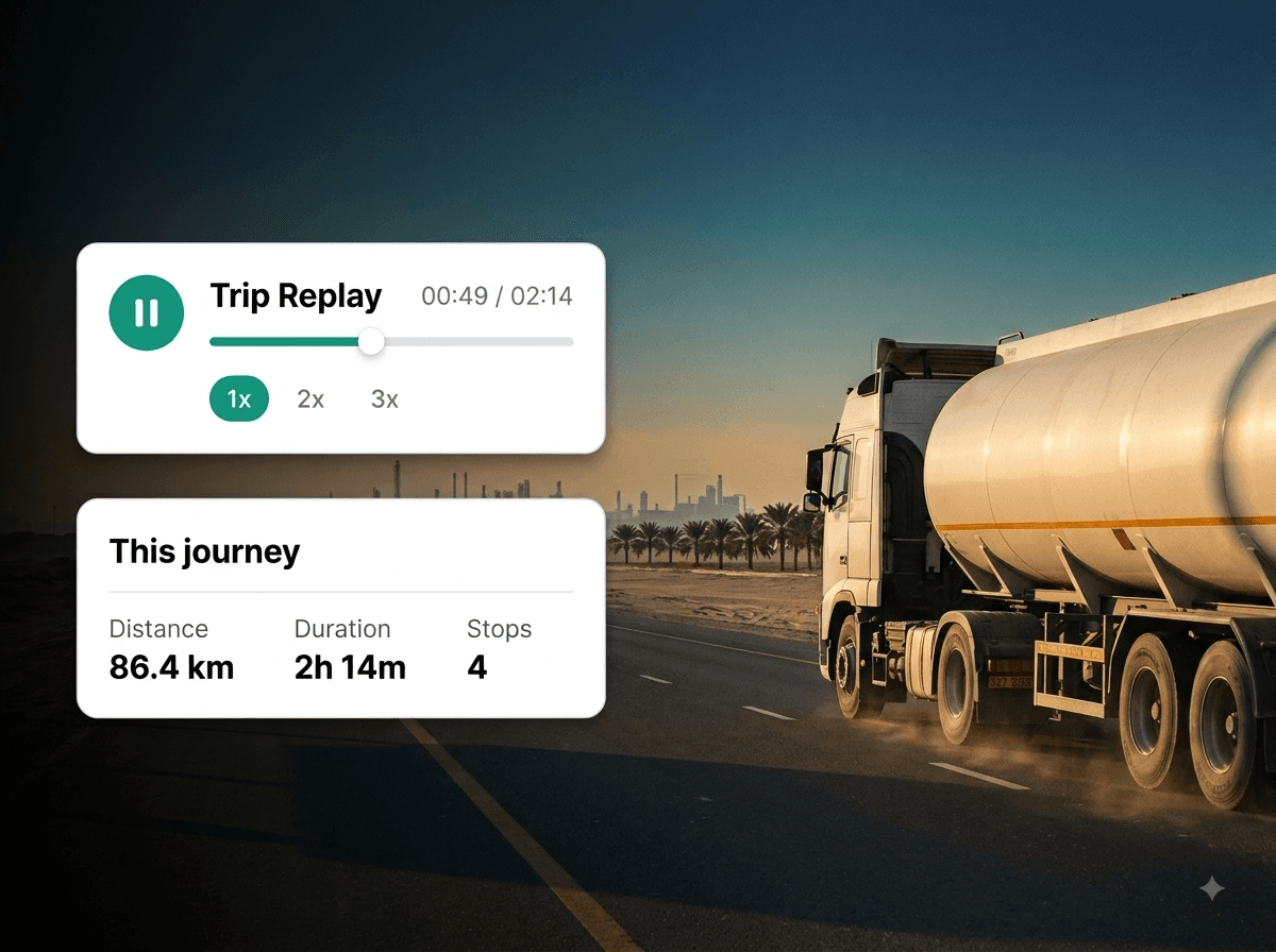 Tanker on a coastal highway with trip replay controls overlaid