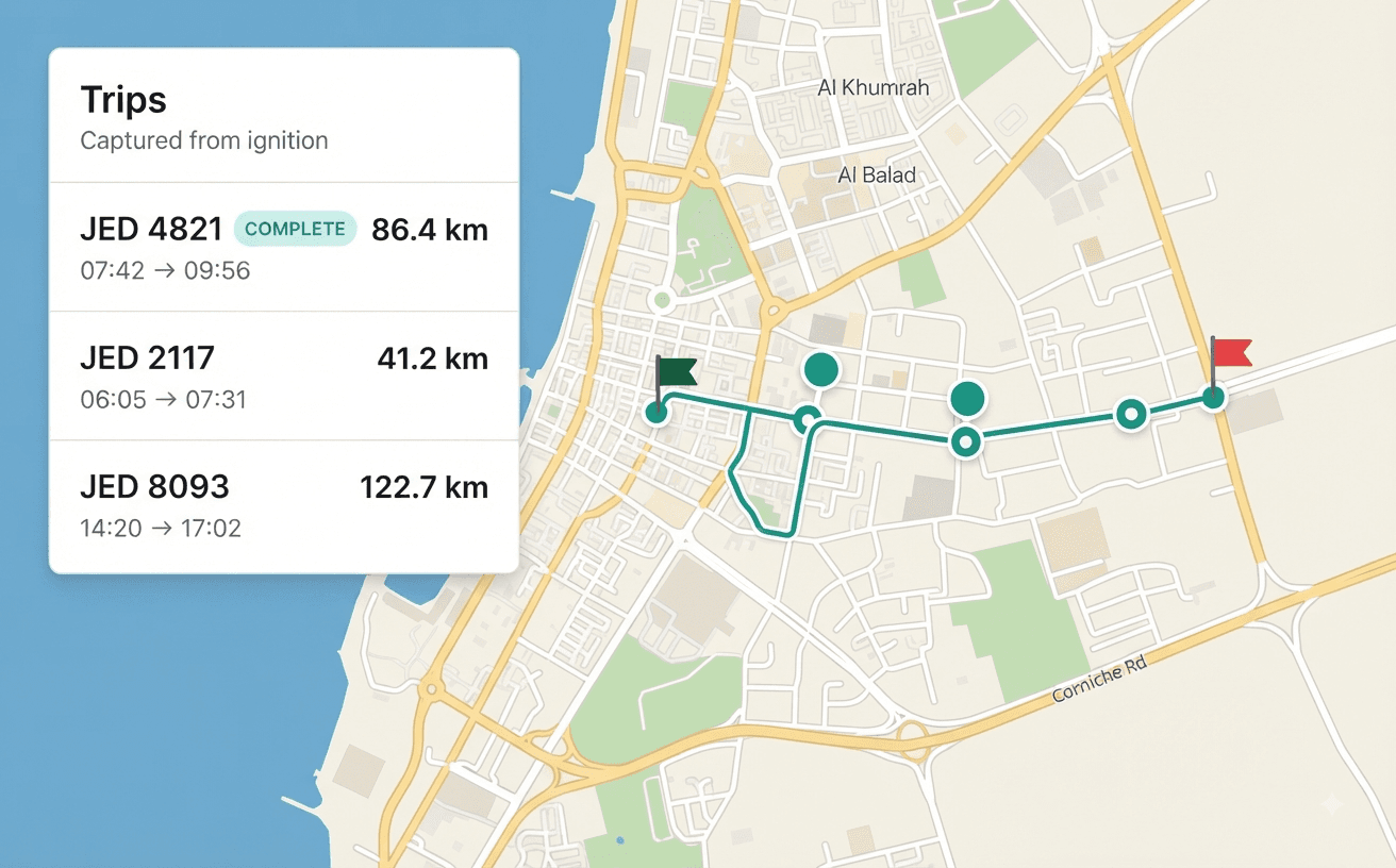 Route Replay & Trip History — Engine-on to engine-off