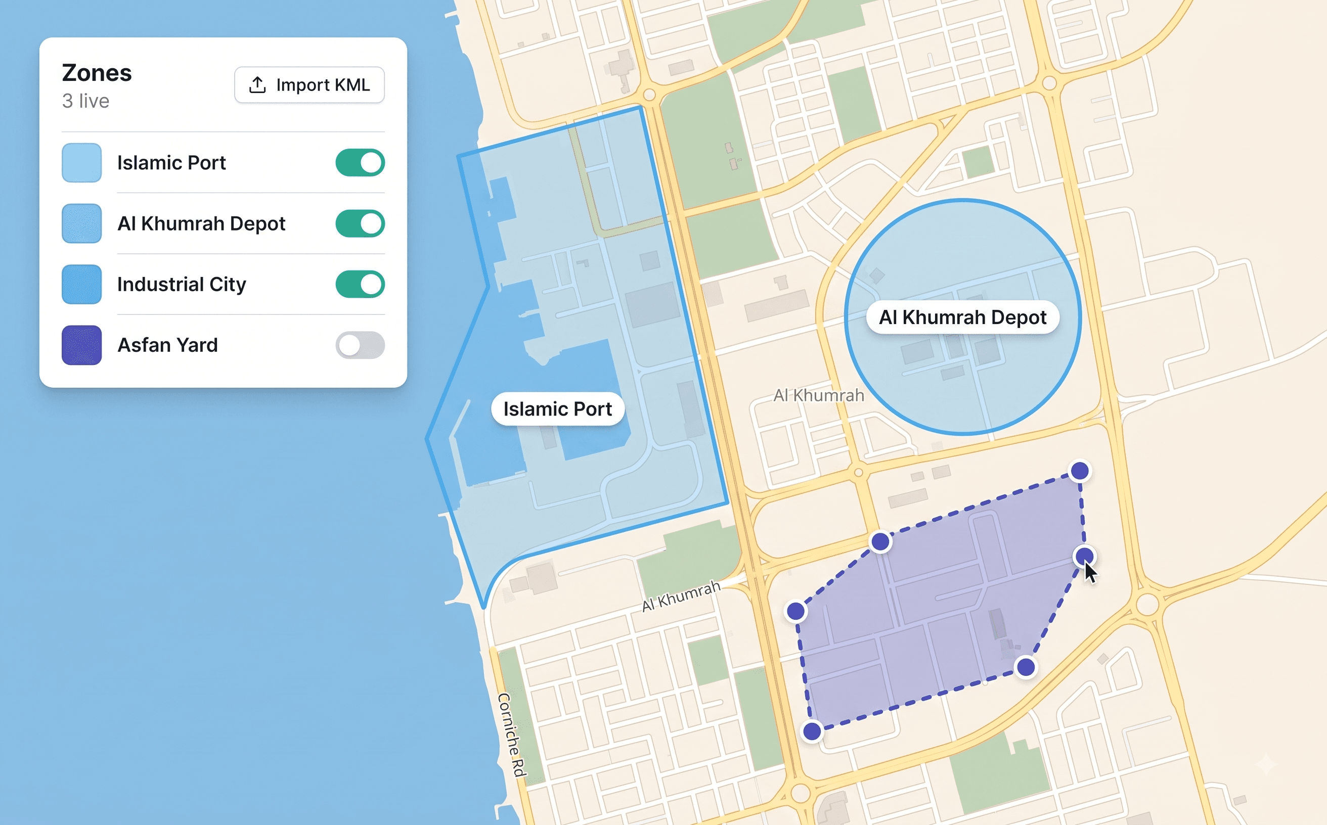 Geofencing & Alerts — Zones on the live map