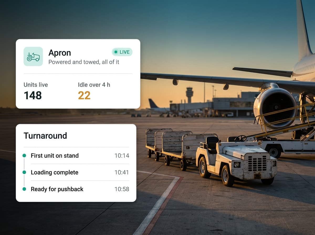 Ground support equipment parked at an aircraft stand with apron utilisation panels overlaid
