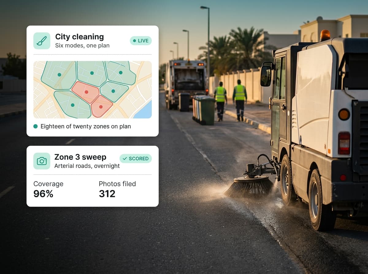 Road sweeper on an arterial road at golden hour with city zone and scoring panels overlaid