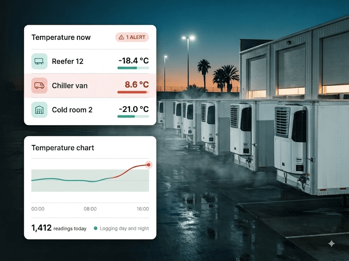 Reefer trailer at a chilled dock with live temperature panels overlaid