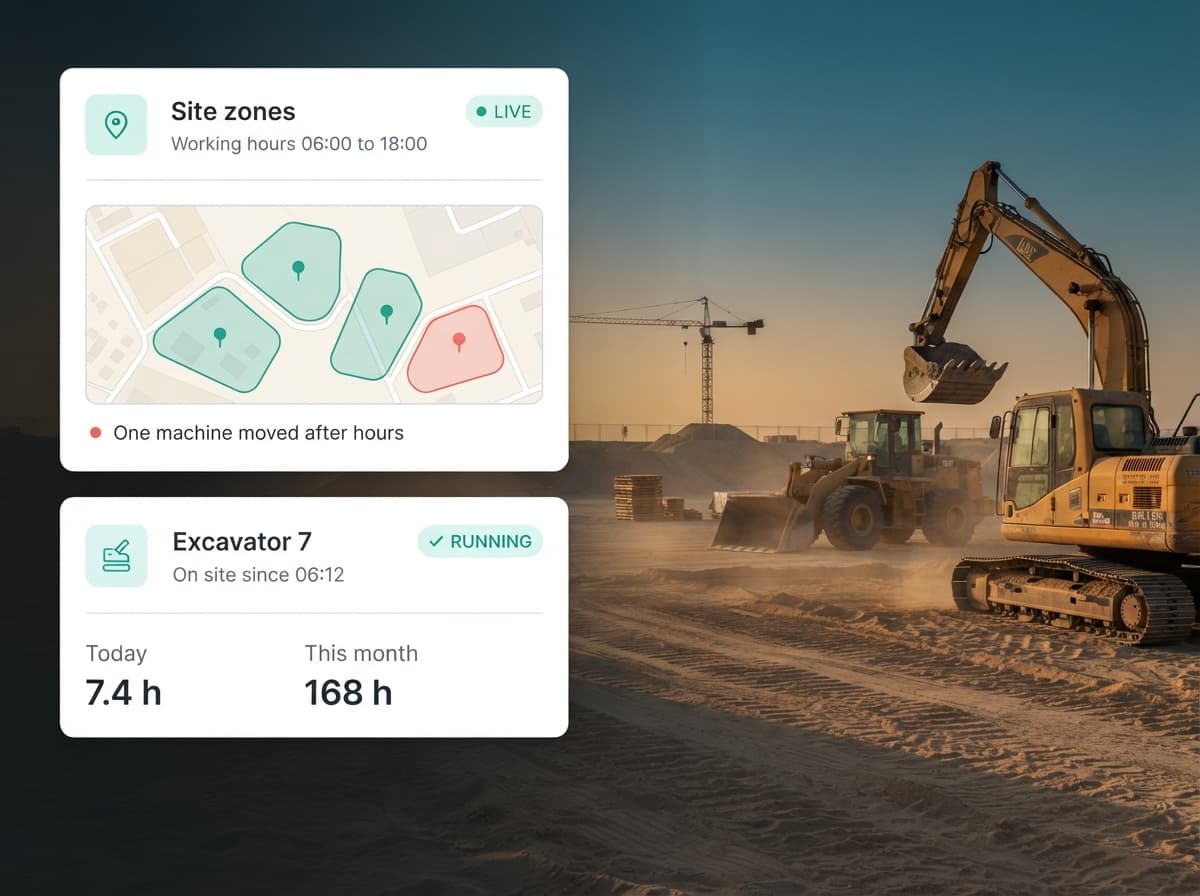 Excavator and loader on an earthworks site at golden hour with site zone and runtime panels overlaid