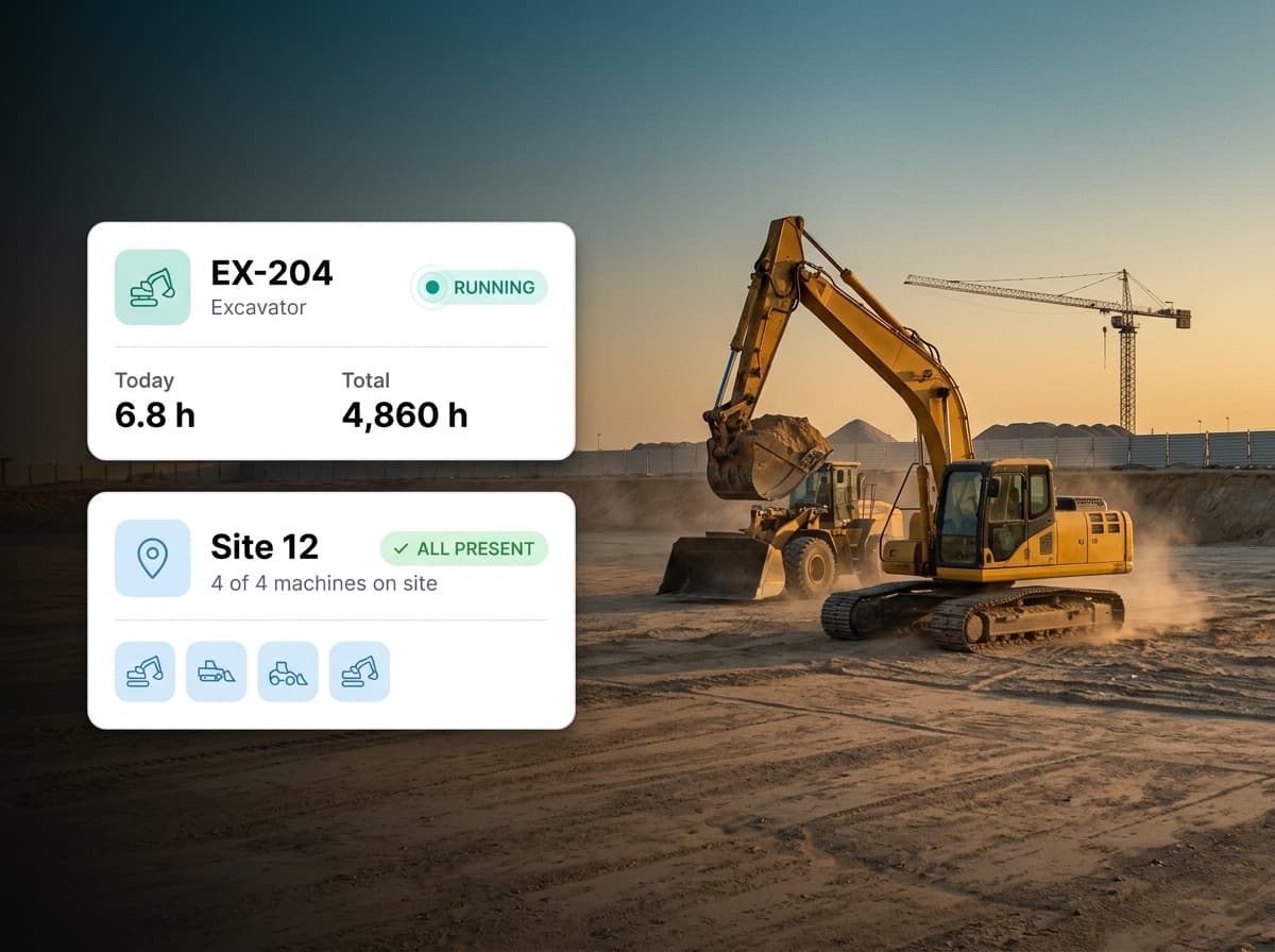 Excavator and loader on a site at golden hour with runtime panels overlaid