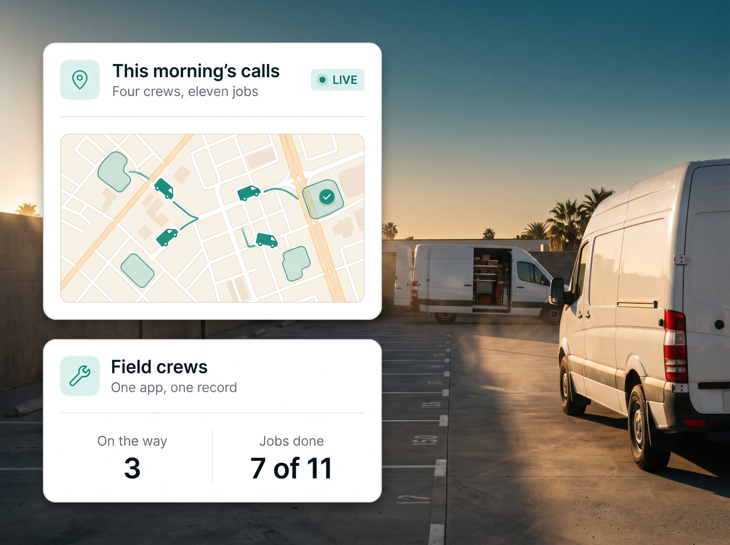Service vans leaving a depot at golden hour with job map and crew panels overlaid