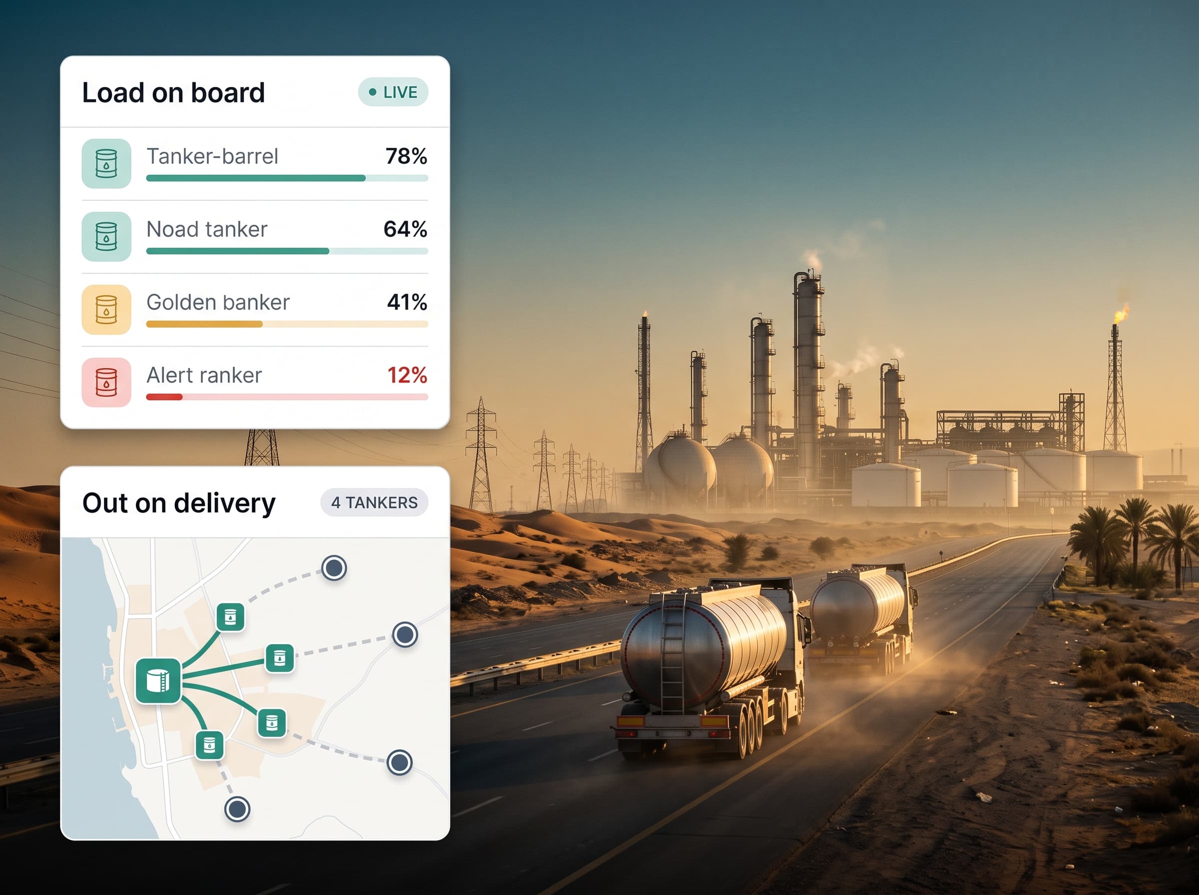 Tank farm and road tankers at dusk with live level panels overlaid