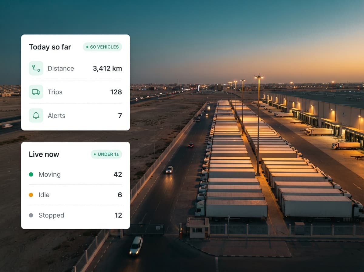 Truck on a desert highway at dusk with live fleet panels overlaid