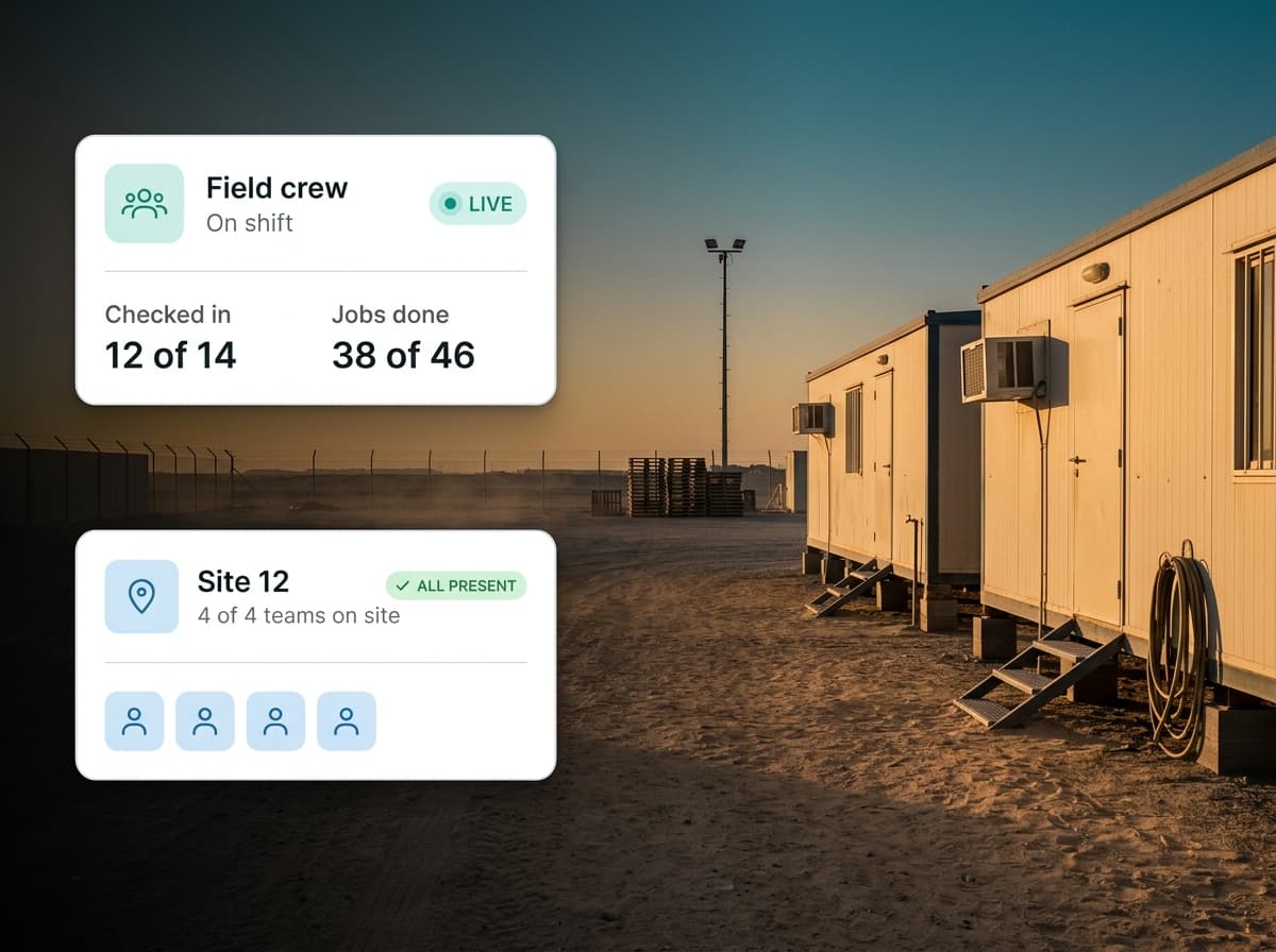 Site compound at golden hour with crew and job panels overlaid