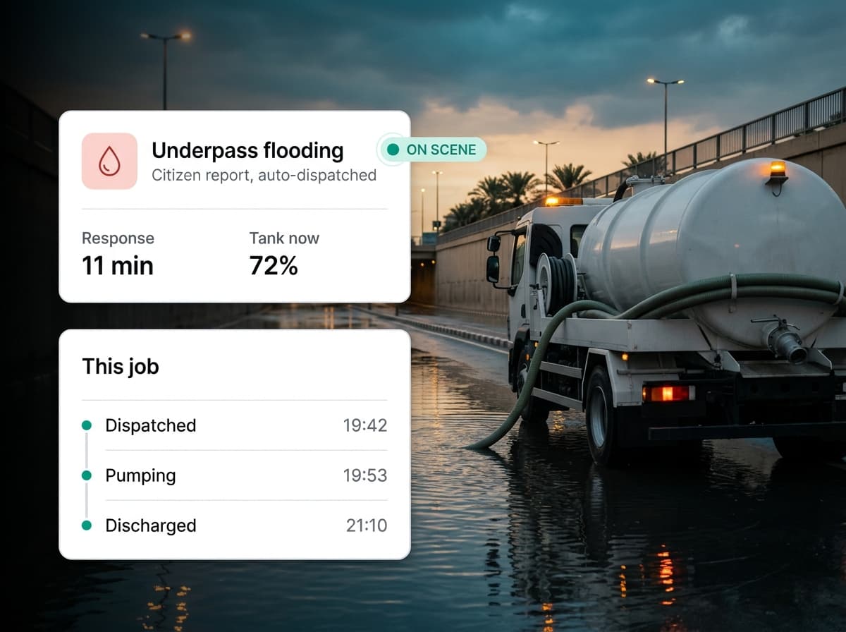 Pump tanker clearing a flooded underpass at dusk with dispatch and discharge panels overlaid