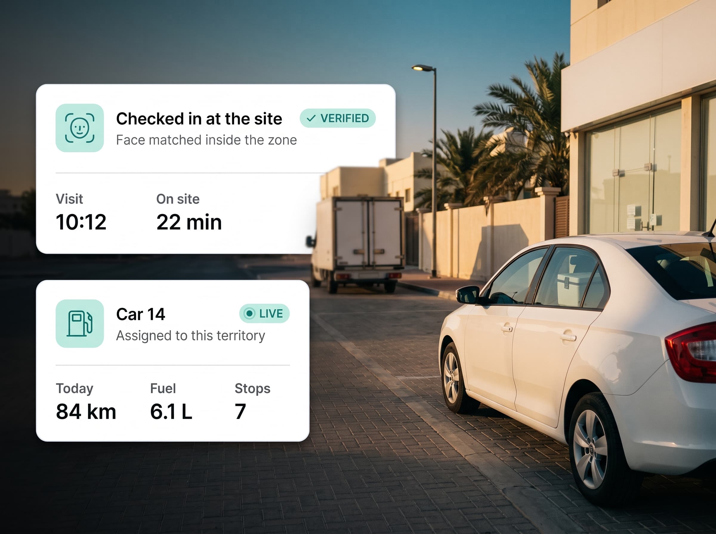Refrigerated delivery van at a pharmacy at golden hour with cold-chain and visit panels overlaid