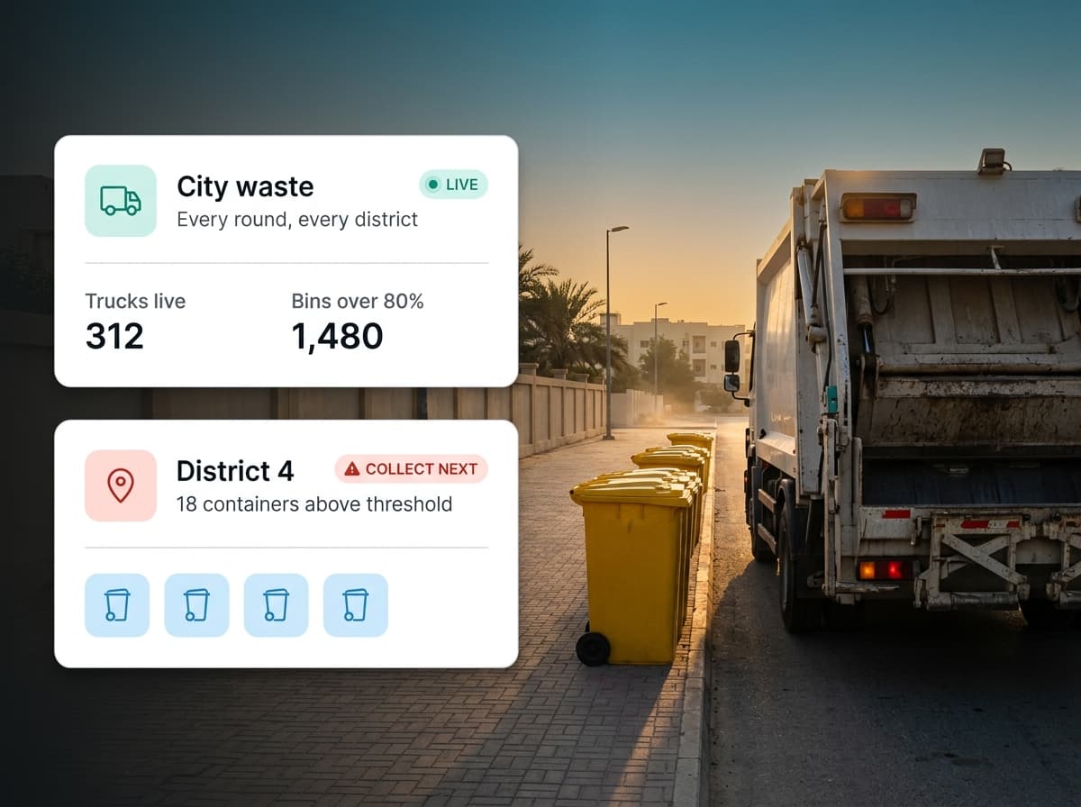Compactor truck and kerbside containers at golden hour with live city waste panels overlaid