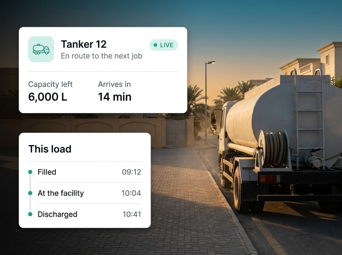 Water tanker at a residential kerb at golden hour with capacity and discharge panels overlaid